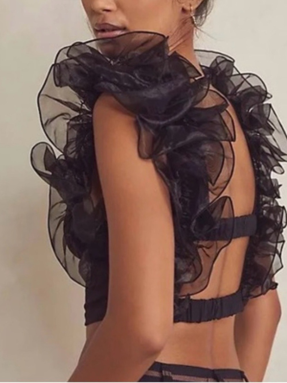 Free People Black Ruffled Organza Shoulder House Party Crop Top Open Back - Picture 9 of 9